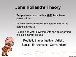 John Holland’s Theory
• People have personalities AND Jobs have
  personalities
• To increase satisfaction in a career, match the
  personality traits
• People and work environments can be classified
  into six different groups

        Realistic | Investigative | Artistic
       Social | Enterprising | Conventional
 
