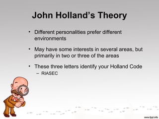 John Holland’s Theory
• Different personalities prefer different
  environments
• May have some interests in several areas, but
  primarily in two or three of the areas
• These three letters identify your Holland Code
   – RIASEC
 