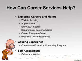 How Can Career Services Help?
   • Exploring Careers and Majors
     –   Walk-in Advising
     –   Appointments
     –   UNIV 2004 Course
     –   Departmental Career Advisors
     –   Career Resource Center
     –   Extensive Online Resources

   • Gaining Experience
     – Cooperative Education / Internship Program

   • Self-Assessment
     – Online and Written
 