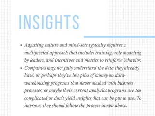 Adjusting culture and mind-sets typically requires a
multifaceted approach that includes training, role modeling
by leaders, and incentives and metrics to reinforce behavior.
Companies may not fully understand the data they already
have, or perhaps they’ve lost piles of money on data-
warehousing programs that never meshed with business
processes, or maybe their current analytics programs are too
complicated or don’t yield insights that can be put to use. To
improve, they should follow the process shown above.
INSIGHTS
 