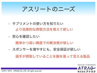 ©2011−2015 ATRAQ CO.,LTD. All rights reserved
アスリートのニーズ
• サプリメントの使い方を知りたい
• 安心を確認したい
• スポンサーを増やすにも、安全保証が欲しい
より効果的な摂取方法を教えて欲しい
簡単かつ高い精度での解決策が欲しい
選手が摂取していることを胸を張って言える製品
 