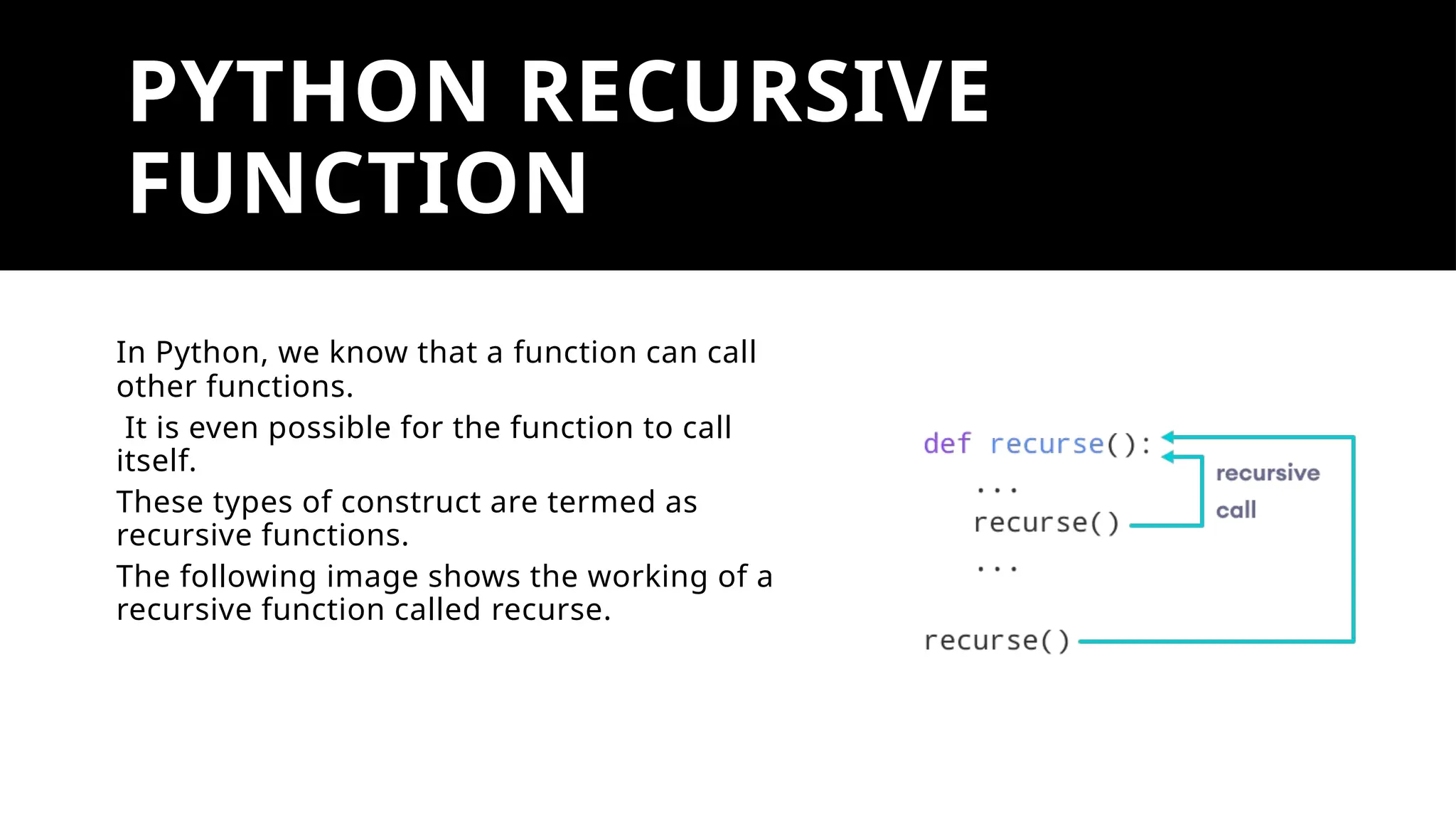 PYTHON RECURSIVE
FUNCTION
In Python, we know that a function can call
other functions.
It is even possible for the function to call
itself.
These types of construct are termed as
recursive functions.
The following image shows the working of a
recursive function called recurse.
 
