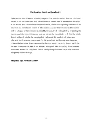 29
Explanation based on flowchart 2:
Delete a room from the system including two parts. First, it checks whether the room exits in the
link list. If the first condition is true, it will continue to find the node in the linked list and delete
it. For the first part, it will initialize room number as n, current node is pointing to the head of the
linked list and current index equal to 1. If the current node and the room number of the current
node is not equal to the room number entered by the user, it will continue to loop by pointing the
current node to the next of the current node and increase the current index by 1. Once the loop is
done, it will check whether the current node is Null or not. If it is null, it will return zero,
otherwise, it will return the current node. For the second part, it will use the same theory as
explained before to find the node that contains the room number entered by the user and delete
the node. After delete the node, it will prompt a message of “You successfully delete the room
number(n)”. For the fail case(cannot find the corresponding node in the linked list), the system
will prompt an error message.
Prepared By: Navneet Kumar
 