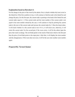 32
Explanation based on flowchart 4:
For the change in the price of the room by the admin, First, it checks whether the room exists in
the linked list. If the first condition is true, it will continue to find the node in the linked list and
change the price. For the first part, the current node is pointing to the head of the linked list and
current index equal to 1. If the current node and the room number of the current node is not
equal to the room number entered by the user, it will continue to loop by pointing the current
node to the next of the current node and increase the current index by 1. Once the loop is done,
it will check whether it is the current node or not. If it is, it will return zero, otherwise, it will
return the current node. For the second part, if the room exists, it will let the admin input the
price that wants to change. The newNode points to the result of find room which is the first part
then the price of newNode points to the input price. After that, it will display the room number
and the changed price. If the room does not exist, it will let the user enter another room number
again.
Prepared By: Navneet Kumar
 