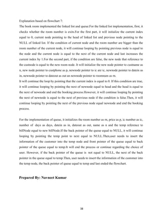 38
Explanation based on flowchart 7:
The book room implemented the linked list and queue.For the linked list implementation, first, it
checks whether the room number is exits.For the first part, it will initialize the current index
equal to 0, current node pointing to the head of linked list and previous node pointing to the
NULL of linked list. If the condition of current node and the room number are bigger than the
room number of the current node, it will continue looping by pointing previous node is equal to
the node and the current node is equal to the next of the current node and last increases the
current index by 1.For the second part, if the condition are false, the new node that reference to
the custnode is equal to the new room node. It will initialize the new node pointer to custname as
n, new node pointer to custphone as p, newnode pointer to ic are ic, newnode pointer to datein as
in, newnode pointer to dateout as out an newnode pointer to roomnum as rn.
It will continue the loop by pointing that the current index is equal to 0. If this condition are true,
it will continue looping by pointing the next of newnode equal to head and the head is equal to
the next of newnode and end the booking process.However, it will continue looping by pointing
the next of newnode is equal to the next of previous node if the condition is false.Then, it will
continue looping by pointing the next of the previous node equal newnode and end the booking
process.
For the implementation of queue, it initializes the room number as rn, price as p, ic number as ic,
number of days as days, datein as in, dateout as out, name as n and the temp reference to
billNode equal to new billNode.If the back pointer of the queue equal to NULL, it will continue
looping by pointing the temp point to next equal to NULL.Then,user needs to insert the
information of the customer into the temp node and front pointer of the queue equal to back
pointer of the queue equal to temp.It will end the process or continue regarding the choice of
user. However, if the back pointer of the queue is not equal to NULL, the next of the back
pointer in the queue equal to temp.Then, user needs to insert the information of the customer into
the temp node, the back pointer of queue equal to temp and last ended the flowchart.
Prepared By: Navneet Kumar
 