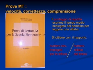 Prove MT :
velocità, correttezza, comprensione
Il punteggio di rapidità
esprime il tempo medio
impiegato dal bambino per
leggere una sillaba.
Si ottiene con il rapporto:
numero sec. numero
impiegati sillabe
per la lettura del brano
 