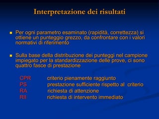 Interpretazione dei risultati
 Per ogni parametro esaminato (rapidità, correttezza) si
ottiene un punteggio grezzo, da confrontare con i valori
normativi di riferimento
 Sulla base della distribuzione dei punteggi nel campione
impiegato per la standardizzazione delle prove, ci sono
quattro fasce di prestazione
CPR criterio pienamente raggiunto
PS prestazione sufficiente rispetto al criterio
RA richiesta di attenzione
RII richiesta di intervento immediato
 