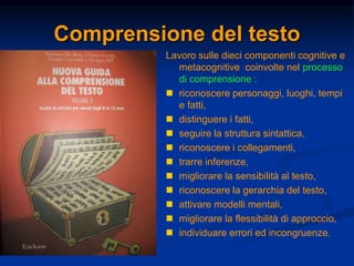 Comprensione del testo
Lavoro sulle dieci componenti cognitive e
metacognitive coinvolte nel processo
di comprensione :
 riconoscere personaggi, luoghi, tempi
e fatti,
 distinguere i fatti,
 seguire la struttura sintattica,
 riconoscere i collegamenti,
 trarre inferenze,
 migliorare la sensibilità al testo,
 riconoscere la gerarchia del testo,
 attivare modelli mentali,
 migliorare la flessibilità di approccio,
 individuare errori ed incongruenze.
 