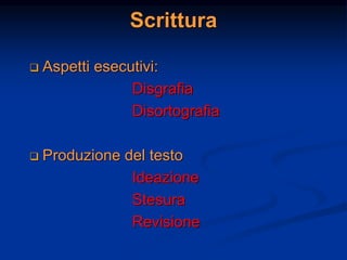 Scrittura
 Aspetti esecutivi:
Disgrafia
Disortografia
 Produzione del testo
Ideazione
Stesura
Revisione
 