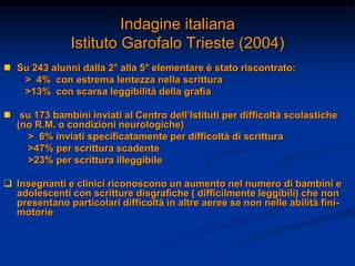 Indagine italiana
Istituto Garofalo Trieste (2004)
 Su 243 alunni dalla 2° alla 5° elementare è stato riscontrato:
> 4% con estrema lentezza nella scrittura
>13% con scarsa leggibilità della grafia
 su 173 bambini inviati al Centro dell’Istituti per difficoltà scolastiche
(no R.M. o condizioni neurologiche)
> 6% inviati specificatamente per difficoltà di scrittura
>47% per scrittura scadente
>23% per scrittura illeggibile
 Insegnanti e clinici riconoscono un aumento nel numero di bambini e
adolescenti con scritture disgrafiche ( difficilmente leggibili) che non
presentano particolari difficoltà in altre aeree se non nelle abilità fini-
motorie
 