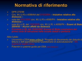 Normativa di riferimento
 DPR 275/99
 Circ. M.I.U.R.n.4099/A4 del 5/10/2004 – Iniziative relative alla
dislessia –
 nota del 5/01/2005 circ. M.I.U.R.n.4099/P4 – Iniziative relative alla
dislessia –
 nota M.I.U.R. del 1/03/2005 circ. M.I.U.R. n.4099/P4 – Esami di Stato
2004/05 – Alunni affetti da dislessia
 Circolare n.28, del 15/03/2007-Esame di Stato conclusivo del
primo ciclo di istruzione nelle scuole statali e paritarie
Altre tutele:
 Università e DSA(www.unibo.it) “Progetto di rilevamento dei disturbi di
lettura e dell’apprendimento-Questionario di autovalutazione”: 9%
supera la soglia critica
 Patentini e patente guida per DSA www.dislessia.it
 