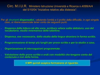 Circ. M.I.U.R. Ministero Istruzione Università e Ricerca n.4099/A/4
del 5/10/04 “Iniziative relative alla dislessia”:
Per gli strumenti dispensativi, valutando l’entità e il profilo della difficoltà, in ogni singolo
caso, si ritiene essenziale tener conto dei seguenti punti:
- Dispensa dalla lettura ad alta voce, scrittura veloce sotto dettatura, uso del
vocabolario, studio mnemonico delle tabelline.
- Dispensa, ove necessario, dallo studio della lingua straniera in forma scritta.
- Programmazione di tempi più lunghi per prove scritte e per lo studio a casa.
- Organizzazione di interrogazioni programmate.
- Valutazione delle prove scritte e orali con modalità che tengano conto del
contenuto e non della forma.
Il MPI quindi auspica formazione al riguardo.
 