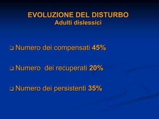 EVOLUZIONE DEL DISTURBO
Adulti dislessici
 Numero dei compensati 45%
 Numero dei recuperati 20%
 Numero dei persistenti 35%
 