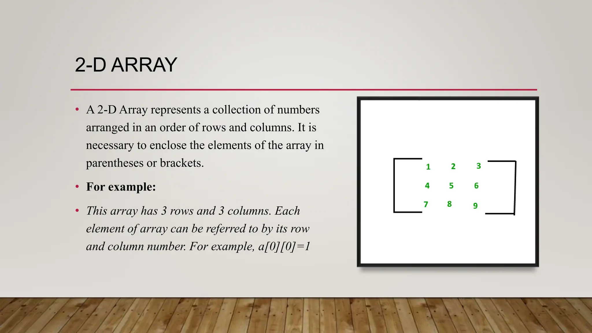 2-D ARRAY
• A 2-D Array represents a collection of numbers
arranged in an order of rows and columns. It is
necessary to enclose the elements of the array in
parentheses or brackets.
• For example:
• This array has 3 rows and 3 columns. Each
element of array can be referred to by its row
and column number. For example, a[0][0]=1
 