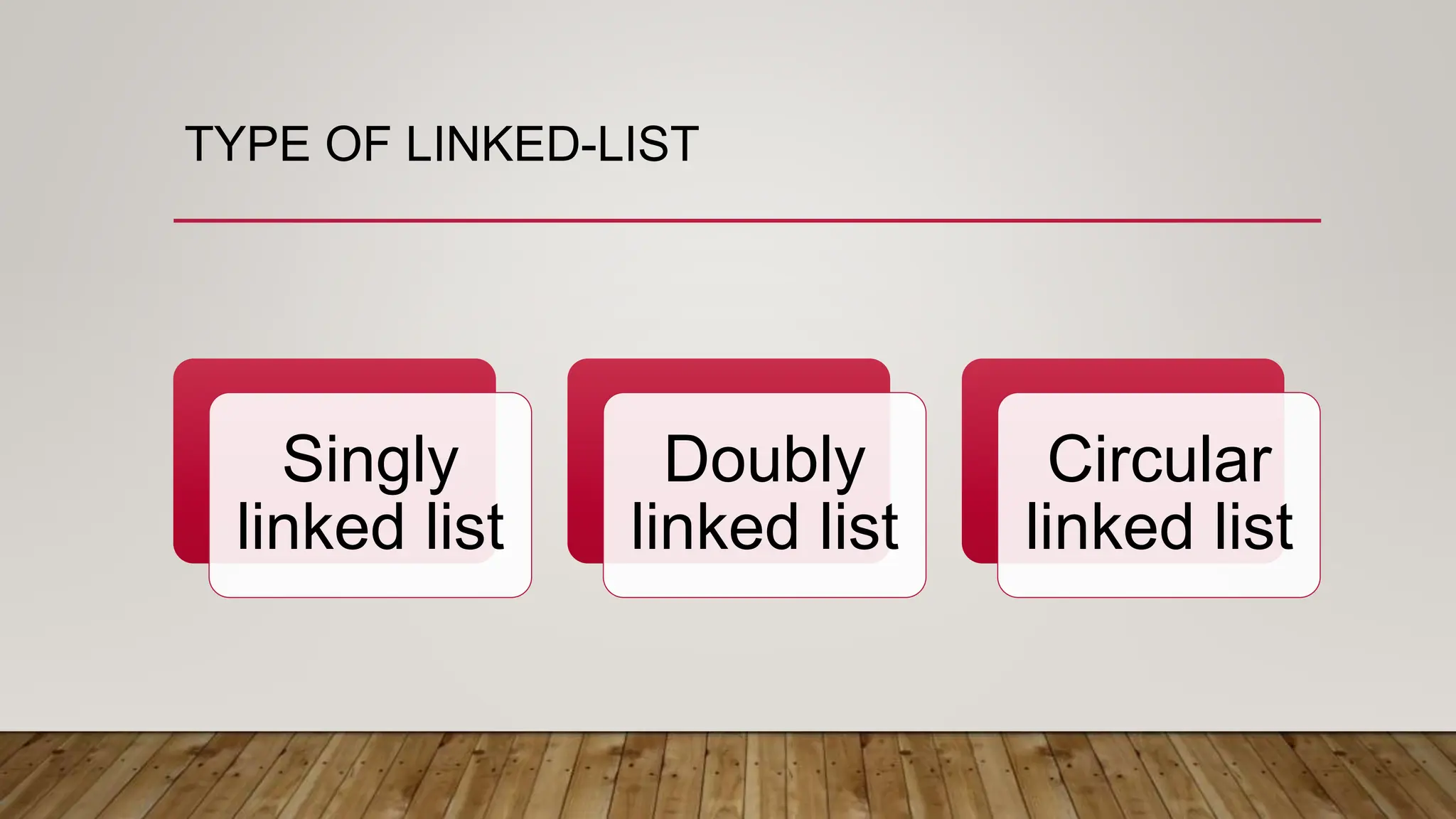 TYPE OF LINKED-LIST
Singly
linked list
Doubly
linked list
Circular
linked list
 