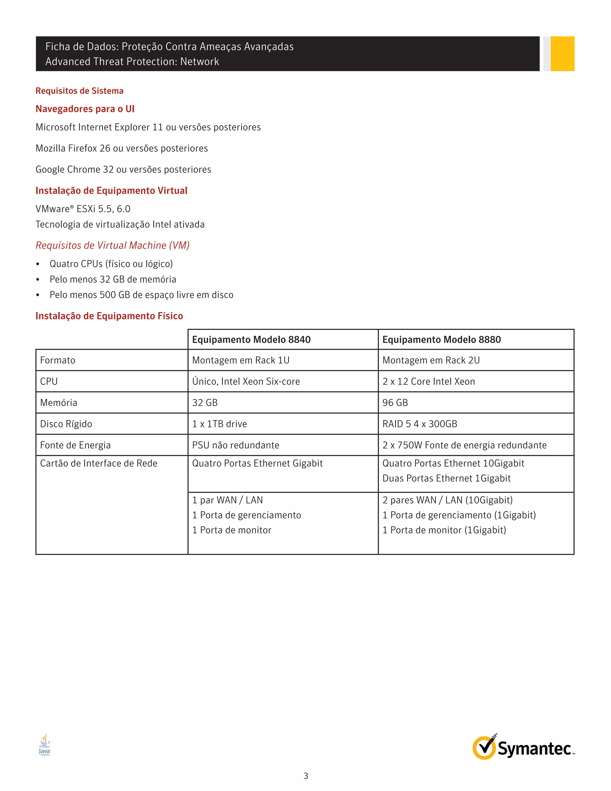 Ficha de Dados: Proteção Contra Ameaças Avançadas
Advanced Threat Protection: Network
3
Requisitos de Sistema
Navegadores para o UI
Microsoft Internet Explorer 11 ou versões posteriores
Mozilla Firefox 26 ou versões posteriores
Google Chrome 32 ou versões posteriores
Instalação de Equipamento Virtual
VMware® ESXi 5.5, 6.0
Tecnologia de virtualização Intel ativada
Requisitos de Virtual Machine (VM)
•	 Quatro CPUs (físico ou lógico)
•	 Pelo menos 32 GB de memória
•	 Pelo menos 500 GB de espaço livre em disco
Instalação de Equipamento Físico
Equipamento Modelo 8840 Equipamento Modelo 8880
Formato Montagem em Rack 1U Montagem em Rack 2U
CPU Único, Intel Xeon Six-core 2 x 12 Core Intel Xeon
Memória 32 GB 96 GB
Disco Rígido 1 x 1TB drive RAID 5 4 x 300GB
Fonte de Energia PSU não redundante 2 x 750W Fonte de energia redundante
Cartão de Interface de Rede Quatro Portas Ethernet Gigabit Quatro Portas Ethernet 10Gigabit
Duas Portas Ethernet 1Gigabit
1 par WAN / LAN
1 Porta de gerenciamento
1 Porta de monitor
2 pares WAN / LAN (10Gigabit)
1 Porta de gerenciamento (1Gigabit)
1 Porta de monitor (1Gigabit)
 