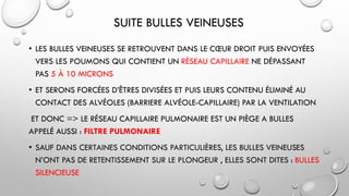 SUITE BULLES VEINEUSES
• LES BULLES VEINEUSES SE RETROUVENT DANS LE CŒUR DROIT PUIS ENVOYÉES
VERS LES POUMONS QUI CONTIENT UN RÉSEAU CAPILLAIRE NE DÉPASSANT
PAS 5 À 10 MICRONS
• ET SERONS FORCÉES D’ÊTRES DIVISÉES ET PUIS LEURS CONTENU ÉLIMINÉ AU
CONTACT DES ALVÉOLES (BARRIERE ALVÉOLE-CAPILLAIRE) PAR LA VENTILATION
ET DONC => LE RÉSEAU CAPILLAIRE PULMONAIRE EST UN PIÈGE A BULLES
APPELÉ AUSSI : FILTRE PULMONAIRE
• SAUF DANS CERTAINES CONDITIONS PARTICULIÈRES, LES BULLES VEINEUSES
N’ONT PAS DE RETENTISSEMENT SUR LE PLONGEUR , ELLES SONT DITES : BULLES
SILENCIEUSE
 