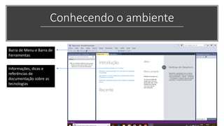 Conhecendo o ambiente
Barra de Menu e Barra de
Ferramentas
Informações, dicas e
referências de
documentação sobre as
tecnologias
 