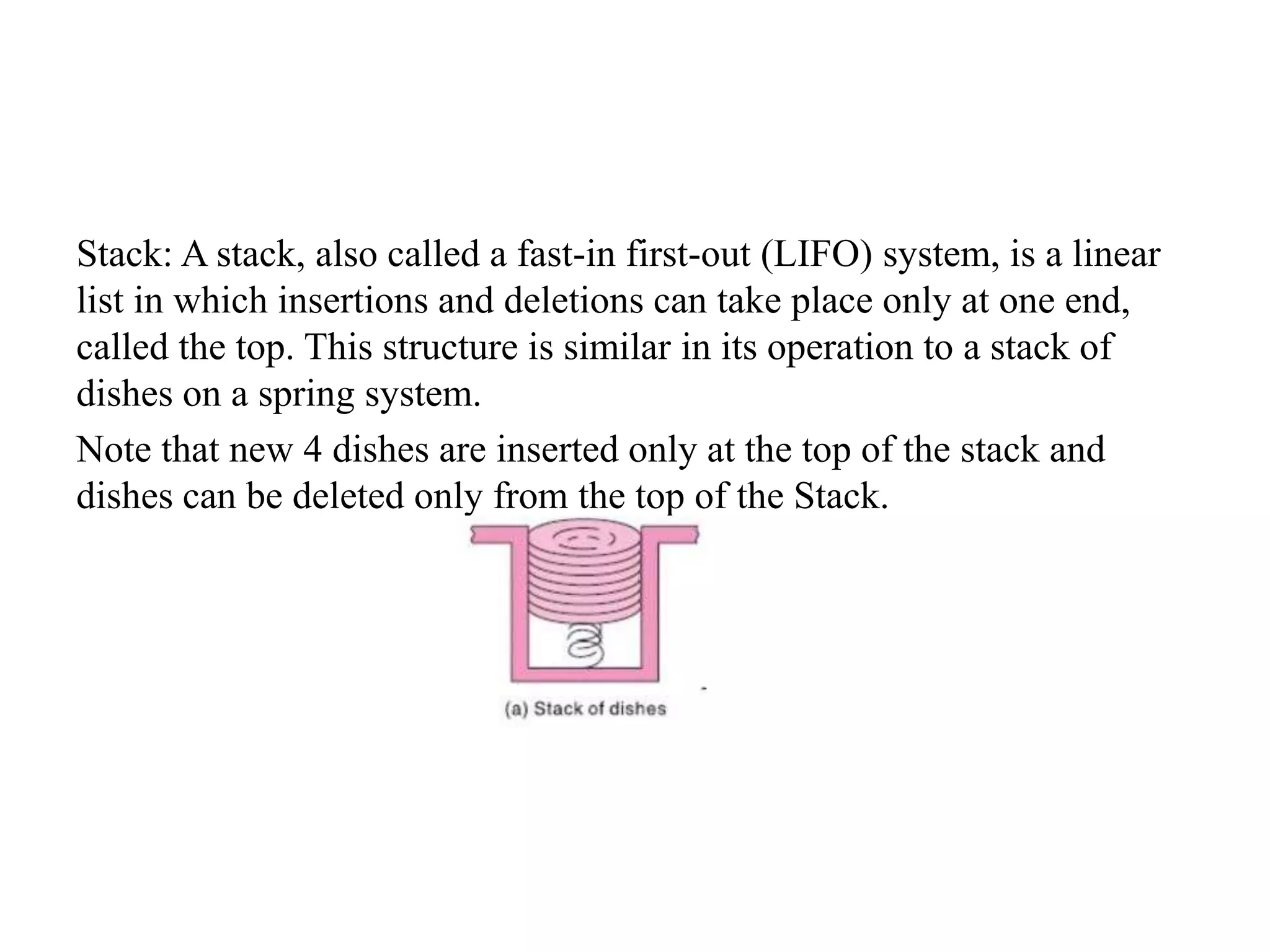Stack: A stack, also called a fast-in first-out (LIFO) system, is a linear
list in which insertions and deletions can take place only at one end,
called the top. This structure is similar in its operation to a stack of
dishes on a spring system.
Note that new 4 dishes are inserted only at the top of the stack and
dishes can be deleted only from the top of the Stack.
 