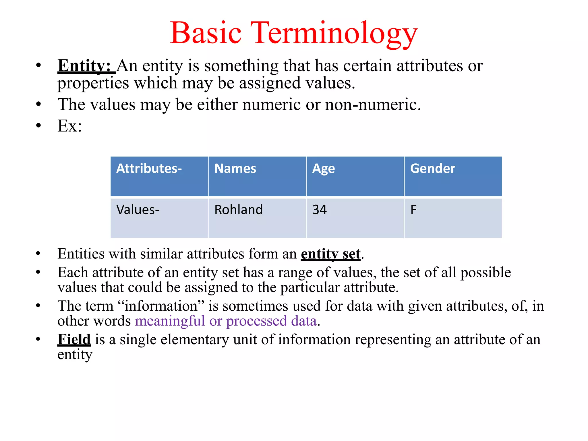 Basic Terminology
• Entity: An entity is something that has certain attributes or
properties which may be assigned values.
• The values may be either numeric or non-numeric.
• Ex:
• Entities with similar attributes form an entity set.
• Each attribute of an entity set has a range of values, the set of all possible
values that could be assigned to the particular attribute.
• The term “information” is sometimes used for data with given attributes, of, in
other words meaningful or processed data.
• Field is a single elementary unit of information representing an attribute of an
entity
Attributes- Names Age Gender
Values- Rohland 34 F
 