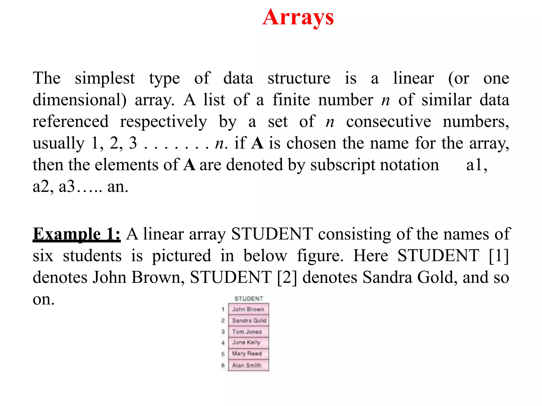 Arrays
The simplest type of data structure is a linear (or one
dimensional) array. A list of a finite number n of similar data
referenced respectively by a set of n consecutive numbers,
usually 1, 2, 3 . . . . . . . n. if A is chosen the name for the array,
then the elements of A are denoted by subscript notation a1,
a2, a3….. an.
Example 1: A linear array STUDENT consisting of the names of
six students is pictured in below figure. Here STUDENT [1]
denotes John Brown, STUDENT [2] denotes Sandra Gold, and so
on.
 