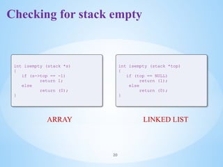 Checking for stack empty
20
int isempty (stack *s)
{
if (s->top == -1)
return 1;
else
return (0);
}
ARRAY LINKED LIST
int isempty (stack *top)
{
if (top == NULL)
return (1);
else
return (0);
}
 