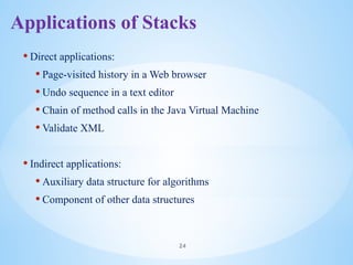 Applications of Stacks
• Direct applications:
• Page-visited history in a Web browser
• Undo sequence in a text editor
• Chain of method calls in the Java Virtual Machine
• Validate XML
• Indirect applications:
• Auxiliary data structure for algorithms
• Component of other data structures
24
 