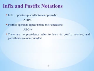 Infix and Postfix Notations
• Infix: operators placed between operands:
A+B*C
• Postfix: operands appear before their operators:-
ABC*+
• There are no precedence rules to learn in postfix notation, and
parentheses are never needed
25
 