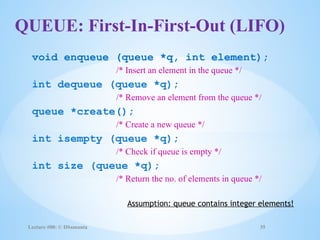 void enqueue (queue *q, int element);
/* Insert an element in the queue */
int dequeue (queue *q);
/* Remove an element from the queue */
queue *create();
/* Create a new queue */
int isempty (queue *q);
/* Check if queue is empty */
int size (queue *q);
/* Return the no. of elements in queue */
Lecture #00: © DSamanta 35
Assumption: queue contains integer elements!
QUEUE: First-In-First-Out (LIFO)
 