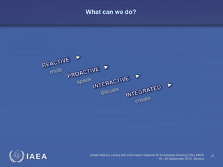 IAEA United Nations Library and Information Network for Knowledge Sharing (UN-LINKS)
18 - 20 September 2013, Geneva
21
What can we do?
 