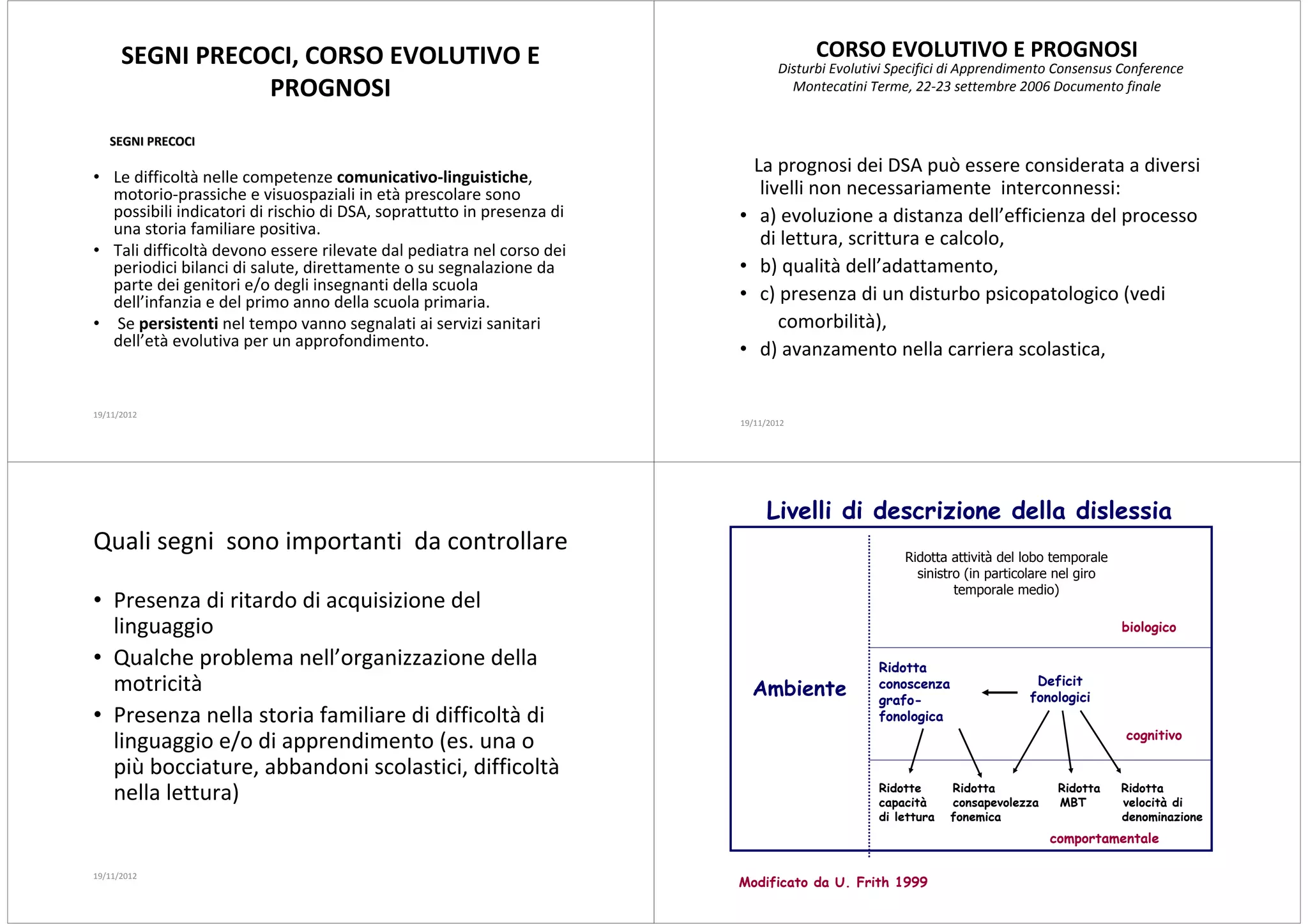 SEGNI PRECOCI, CORSO EVOLUTIVO E                                               CORSO EVOLUTIVO E PROGNOSI
                                                                               Disturbi Evolutivi Specifici di Apprendimento Consensus Conference
                 PROGNOSI                                                        Montecatini Terme, 22-23 settembre 2006 Documento finale


   SEGNI PRECOCI
                                                                           La prognosi dei DSA può essere considerata a diversi
• Le difficoltà nelle competenze comunicativo-linguistiche,
  motorio-prassiche e visuospaziali in età prescolare sono                  livelli non necessariamente interconnessi:
  possibili indicatori di rischio di DSA, soprattutto in presenza di   •    a) evoluzione a distanza dell’efficienza del processo
  una storia familiare positiva.
                                                                            di lettura, scrittura e calcolo,
• Tali difficoltà devono essere rilevate dal pediatra nel corso dei
  periodici bilanci di salute, direttamente o su segnalazione da       •    b) qualità dell’adattamento,
  parte dei genitori e/o degli insegnanti della scuola
  dell’infanzia e del primo anno della scuola primaria.                •    c) presenza di un disturbo psicopatologico (vedi
• Se persistenti nel tempo vanno segnalati ai servizi sanitari                 comorbilità),
  dell’età evolutiva per un approfondimento.
                                                                       •    d) avanzamento nella carriera scolastica,

19/11/2012
                                                                       19/11/2012




                                                                             Livelli di descrizione della dislessia
Quali segni sono importanti da controllare                                                         Ridotta attività del lobo temporale
                                                                                                     sinistro (in particolare nel giro
                                                                                                            temporale medio)
• Presenza di ritardo di acquisizione del
  linguaggio                                                                                                                             biologico

• Qualche problema nell’organizzazione della                                                   Ridotta
  motricità                                                                Ambiente            conoscenza                Deficit
                                                                                                                        fonologici
                                                                                               grafo-
• Presenza nella storia familiare di difficoltà di                                             fonologica
                                                                                                                                         cognitivo
  linguaggio e/o di apprendimento (es. una o
  più bocciature, abbandoni scolastici, difficoltà
  nella lettura)                                                                               Ridotte
                                                                                               capacità
                                                                                                            Ridotta
                                                                                                            consapevolezza
                                                                                                                              Ridotta
                                                                                                                              MBT
                                                                                                                                         Ridotta
                                                                                                                                         velocità di
                                                                                               di lettura   fonemica                     denominazione
                                                                                                                             comportamentale

19/11/2012
                                                                       Modificato da U. Frith 1999
 