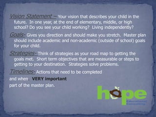 Vision Statement –        Your vision that describes your child in the
  future. In one year, at the end of elementary, middle, or high
  school? Do you see your child working? Living independently?
Goals- Gives you direction and should make you stretch.  Master plan
  should include academic and non-academic (outside of school) goals
  for your child.
Strategies- Think of strategies as your road map to getting the
  goals met. Short term objectives that are measurable or steps to
  getting to your destination. Strategies solve problems.
Timelines- Actions that need to be completed
and when. VERY important
part of the master plan.
 