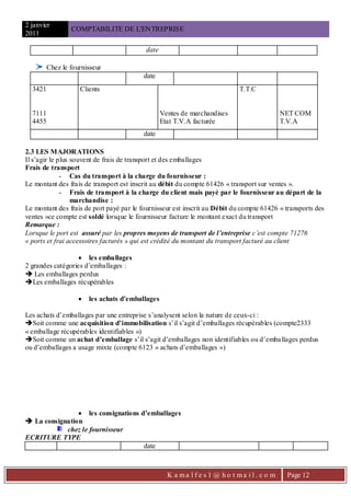 2 janvier
                 COMPTABILITE DE L'EN TREPRISE
2011

                                          date

         Chez le fournisseur
                                          date
  3421              Clients                                                  T.T.C


  7111                                            Ventes de marchandises                     NET COM
  4455                                            Etat T.V.A facturée                        T.V.A
                                          date

2.3 LES MAJORATIONS
Il s’agir le plus souvent de frais de transport et des emballages
Frais de transport
              - Cas du transport à la charge du fournisseur :
Le montant des frais de transport est inscrit au débit du compte 61426 « transport sur ventes ».
              - Frais de transport à la charge du client mais payé par le fournisseur au départ de la
                  marchandise :
Le montant des frais de port payé par le fournisseur est inscrit au Débit du compte 61426 « transports des
ventes »ce compte est soldé lorsque le fournisseur facture le montant exact du transport
Remarque :
Lorsque le port est assuré par les propres moyens de transport de l’entreprise c’est compte 71276
« ports et frai accessoires facturés » qui est crédité du montant du transport facturé au client

                    les emballages
2 grandes catégories d’emballages :
 Les emballages perdus
Les emballages récupérables

                       les achats d’emballages

Les achats d’emballages par une entreprise s’analysent selon la nature de ceux-ci :
Soit comme une acquisition d’immobilisation s’il s’agit d’emballages récupérables (compte2333
« emballage récupérables identifiables »)
Soit comme un achat d’emballage s’il s’agit d’emballages non identifiables ou d’emballages perdus
ou d’emballages a usage mixte (compte 6123 « achats d’emballages »)




                 les consignations d’emballages
 La consignation
            chez le fournisseur
ECRITURE TYPE
                                     date



                                                    K a ma l f e s 1 @ ho t ma i l . c o m    Page 12
 