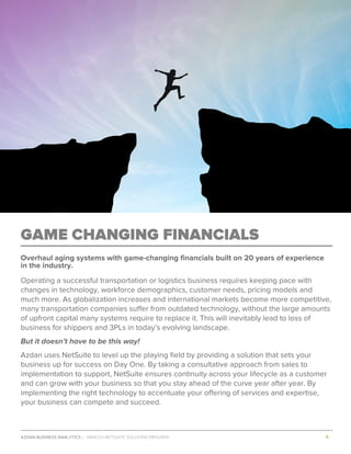AZDAN BUSINESS ANALYTICS │ ORACLE+NETSUITE SOLUTION PROVIDER				 	 											4	
	
GAME CHANGING FINANCIALS
Overhaul aging systems with game-changing financials built on 20 years of experience
in the industry.
Operating a successful transportation or logistics business requires keeping pace with
changes in technology, workforce demographics, customer needs, pricing models and
much more. As globalization increases and international markets become more competitive,
many transportation companies suffer from outdated technology, without the large amounts
of upfront capital many systems require to replace it. This will inevitably lead to loss of
business for shippers and 3PLs in today’s evolving landscape.
But it doesn’t have to be this way!
Azdan uses NetSuite to level up the playing field by providing a solution that sets your
business up for success on Day One. By taking a consultative approach from sales to
implementation to support, NetSuite ensures continuity across your lifecycle as a customer
and can grow with your business so that you stay ahead of the curve year after year. By
implementing the right technology to accentuate your offering of services and expertise,
your business can compete and succeed.
 