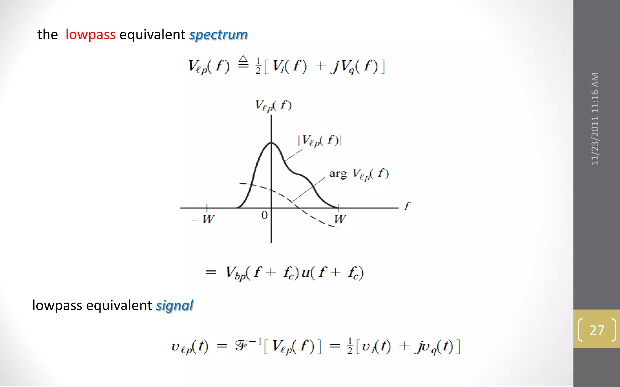 the lowpass equivalent spectrum




                                  11/23/2011 11:16 AM
lowpass equivalent signal
                                   27
 