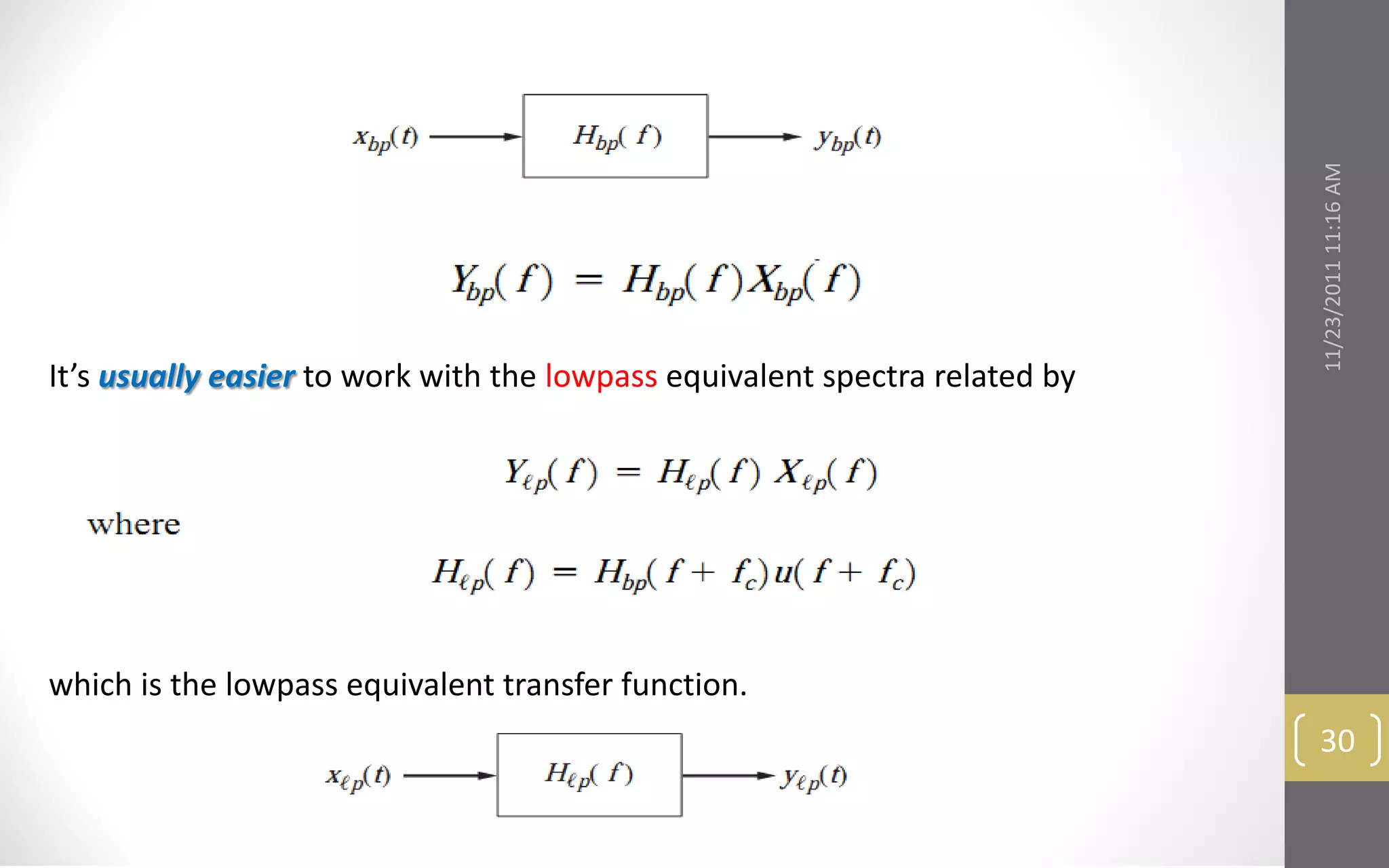 11/23/2011 11:16 AM
It’s usually easier to work with the lowpass equivalent spectra related by




which is the lowpass equivalent transfer function.
                                                                              30
 