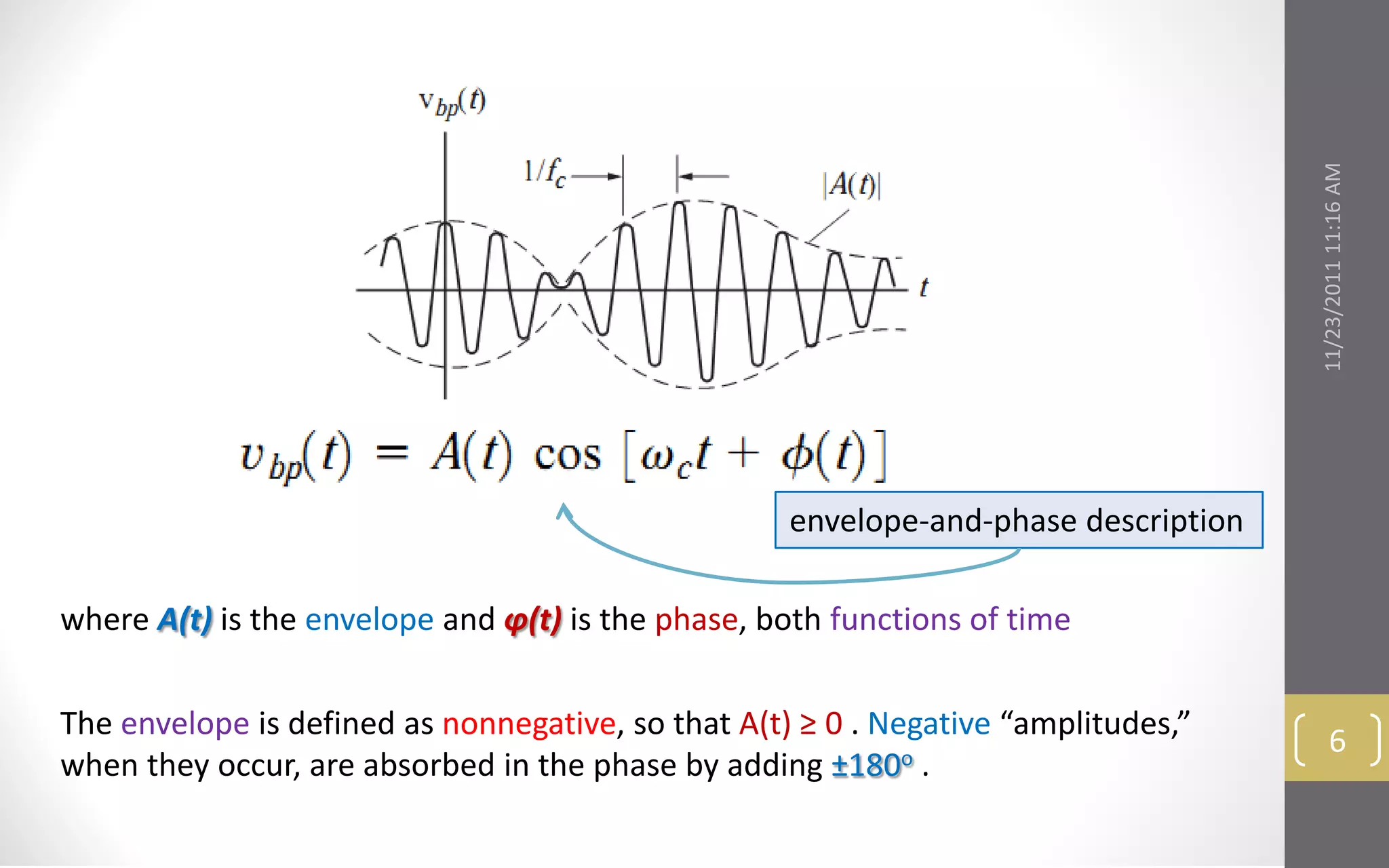 11/23/2011 11:16 AM
                                                    envelope-and-phase description

where A(t) is the envelope and φ(t) is the phase, both functions of time


The envelope is defined as nonnegative, so that A(t) ≥ 0 . Negative “amplitudes,”
                                                                                            6
when they occur, are absorbed in the phase by adding ±180o .
 
