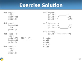 12
Exercise Solution
def egg():
top()
bottom()
print()
def cup():
bottom()
line()
print()
def stop():
top()
print("| STOP |")
bottom()
print()
def hat():
top()
line()
print()
def top():
print(" ______")
print(" / ")
print("/ ")
def bottom():
print(" /")
print(" ______/")
def line():
print("+--------+")
# main
egg()
cup()
stop()
hat()
 