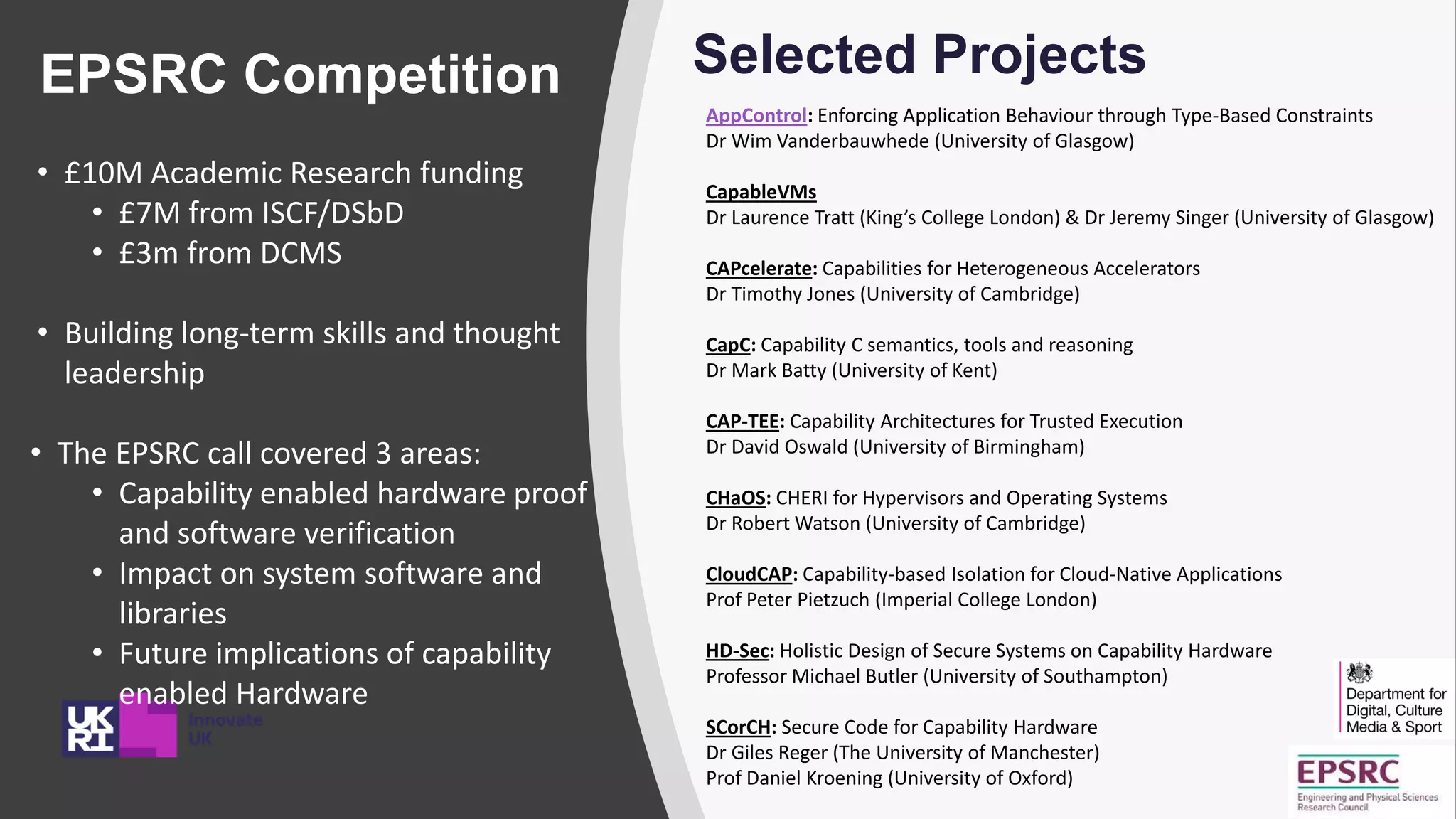 EPSRC Competition
• £10M Academic Research funding
• £7M from ISCF/DSbD
• £3m from DCMS
• Building long-term skills and thought
leadership
• The EPSRC call covered 3 areas:
• Capability enabled hardware proof
and software verification
• Impact on system software and
libraries
• Future implications of capability
enabled Hardware
AppControl: Enforcing Application Behaviour through Type-Based Constraints
Dr Wim Vanderbauwhede (University of Glasgow)
CapableVMs
Dr Laurence Tratt (King’s College London) & Dr Jeremy Singer (University of Glasgow)
CAPcelerate: Capabilities for Heterogeneous Accelerators
Dr Timothy Jones (University of Cambridge)
CapC: Capability C semantics, tools and reasoning
Dr Mark Batty (University of Kent)
CAP-TEE: Capability Architectures for Trusted Execution
Dr David Oswald (University of Birmingham)
CHaOS: CHERI for Hypervisors and Operating Systems
Dr Robert Watson (University of Cambridge)
CloudCAP: Capability-based Isolation for Cloud-Native Applications
Prof Peter Pietzuch (Imperial College London)
HD-Sec: Holistic Design of Secure Systems on Capability Hardware
Professor Michael Butler (University of Southampton)
SCorCH: Secure Code for Capability Hardware
Dr Giles Reger (The University of Manchester)
Prof Daniel Kroening (University of Oxford)
Selected Projects
 