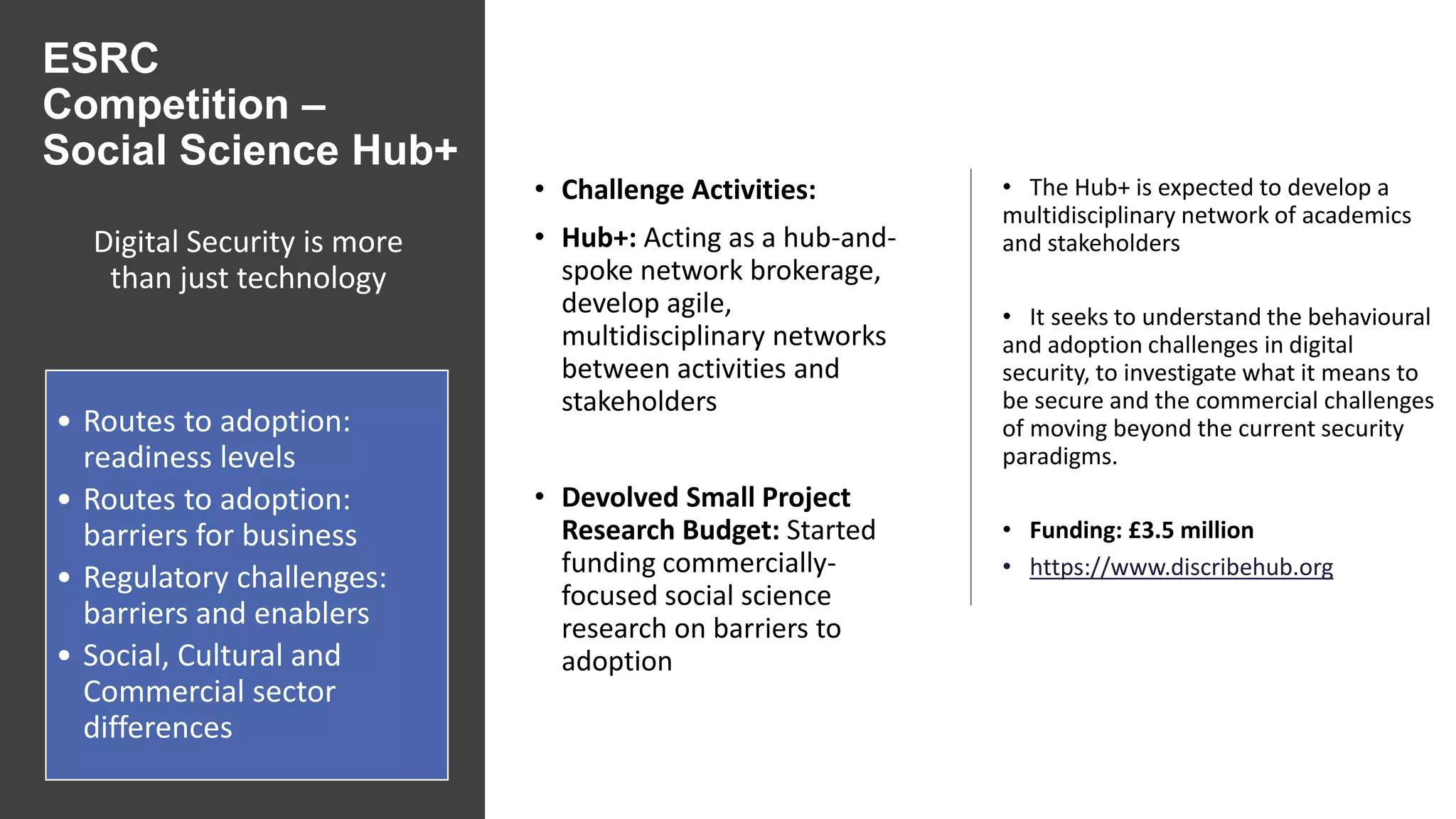 ESRC
Competition –
Social Science Hub+
• Challenge Activities:
• Hub+: Acting as a hub-and-
spoke network brokerage,
develop agile,
multidisciplinary networks
between activities and
stakeholders
• Devolved Small Project
Research Budget: Started
funding commercially-
focused social science
research on barriers to
adoption
• The Hub+ is expected to develop a
multidisciplinary network of academics
and stakeholders
• It seeks to understand the behavioural
and adoption challenges in digital
security, to investigate what it means to
be secure and the commercial challenges
of moving beyond the current security
paradigms.
• Funding: £3.5 million
• https://www.discribehub.org
Digital Security is more
than just technology
• Routes to adoption:
readiness levels
• Routes to adoption:
barriers for business
• Regulatory challenges:
barriers and enablers
• Social, Cultural and
Commercial sector
differences
 