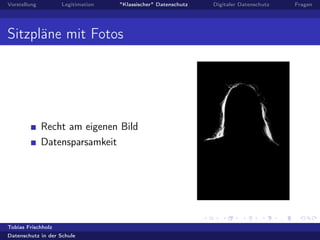 Vorstellung Legitimation "Klassischer" Datenschutz Digitaler Datenschutz Fragen
Sitzpläne mit Fotos
Recht am eigenen Bild
Datensparsamkeit
Tobias Frischholz
Datenschutz in der Schule
 