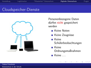 Vorstellung Legitimation "Klassischer" Datenschutz Digitaler Datenschutz Fragen
Cloudspeicher-Dienste
Personenbezogene Daten
dürfen nicht gespeichert
werden
Keine Noten
Keine Zeugnisse
Keine
Schülerbeobachtungen
Keine
Ordnungsmaßnahmen
Keine . . .
Tobias Frischholz
Datenschutz in der Schule
 