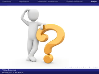 Vorstellung Legitimation "Klassischer" Datenschutz Digitaler Datenschutz Fragen
Tobias Frischholz
Datenschutz in der Schule
 