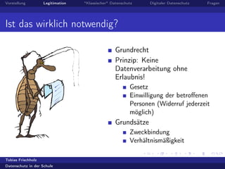Vorstellung Legitimation "Klassischer" Datenschutz Digitaler Datenschutz Fragen
Ist das wirklich notwendig?
Grundrecht
Prinzip: Keine
Datenverarbeitung ohne
Erlaubnis!
Gesetz
Einwilligung der betroﬀenen
Personen (Widerruf jederzeit
möglich)
Grundsätze
Zweckbindung
Verhältnismäßigkeit
Tobias Frischholz
Datenschutz in der Schule
 