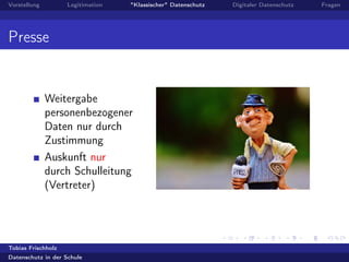 Vorstellung Legitimation "Klassischer" Datenschutz Digitaler Datenschutz Fragen
Presse
Weitergabe
personenbezogener
Daten nur durch
Zustimmung
Auskunft nur
durch Schulleitung
(Vertreter)
Tobias Frischholz
Datenschutz in der Schule
 