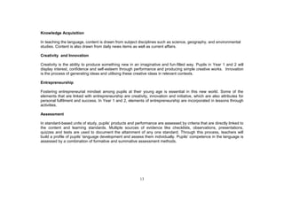 Knowledge Acquisition

In teaching the language, content is drawn from subject disciplines such as science, geography, and environmental
studies. Content is also drawn from daily news items as well as current affairs.

Creativity and Innovation

Creativity is the ability to produce something new in an imaginative and fun-filled way. Pupils in Year 1 and 2 will
display interest, confidence and self-esteem through performance and producing simple creative works. Innovation
is the process of generating ideas and utilising these creative ideas in relevant contexts.

Entrepreneurship

Fostering entrepreneurial mindset among pupils at their young age is essential in this new world. Some of the
elements that are linked with entrepreneurship are creativity, innovation and initiative, which are also attributes for
personal fulfilment and success. In Year 1 and 2, elements of entrepreneurship are incorporated in lessons through
activities.

Assessment

In standard-                                   ts and performance are assessed by criteria that are directly linked to
the content and learning standards. Multiple sources of evidence like checklists, observations, presentations,
quizzes and tests are used to document the attainment of any one standard. Through this process, teachers will
build a profile of pupils language development and assess them individually
assessed by a combination of formative and summative assessment methods.




                                                          13
 