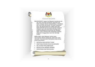 RUKUN NEGARA
BAHAWASANYA negara kita Malaysia mendukung cita-
   cita untuk mencapai perpaduan yang lebih erat
   dalam kalangan seluruh masyarakatnya; memelihara
   satu cara hidup demokratik; mencipta masyarakat
   yang adil bagi kemakmuran negara yang akan
   dapat dinikmati bersama secara adil dan saksama;
   menjamin satu cara yang liberal terhadap tradisi-
   tradisi kebudayaannya yang kaya dan berbagai-
   bagai corak; membina satu masyarakat progresif
   yang akan menggunakan sains dan teknologi
   moden;
MAKA KAMI, rakyat Malaysia, berikrar akan
menumpukan seluruh tenaga dan usaha kami untuk
mencapai cita-cita tersebut berdasarkan atas prinsip-
prinsip yang berikut:
    KEPERCAYAAN KEPADA TUHAN
    KESETIAAN KEPADA RAJA DAN NEGARA
    KELUHURAN PERLEMBAGAAN
    KEDAULATAN UNDANG-UNDANG
    KESOPANAN DAN KESUSILAAN




                          v
 