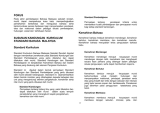 FOKUS
                                                                    Standard Pembelajaran
Pada akhir pembelajaran Bahasa Malaysia sekolah rendah,
murid dapat memperkaya kosa kata, mempertingkatkan                  Pernyataan tentang         penetapan kriteria untuk
pemahaman berbahasa dan menguasai bahasa serta                      memastikan kualiti pembelajaran dan pencapaian murid
berkomunikasi secara berkesan bagi menyampaikan pendapat,           bagi setiap standard kandungan.
idea dan maklumat dalam pelbagai situasi pembelajaran,
hubungan sosial dan kehidupan harian.
                                                               Kemahiran Bahasa
SUSUNAN KANDUNGAN KURIKULUM                                    Kemahiran bahasa meliputi kemahiran mendengar, kemahiran
STANDARD BAHASA MALAYSIA                                       bertutur, kemahiran membaca, dan kemahiran menulis.
                                                               Kemahiran bahasa merupakan teras penguasaan bahasa
                                                               baku.
Standard Kurikulum
                                                                    Kemahiran Mendengar
Standard Kurikulum Bahasa Malaysia Sekolah Rendah digubal
dengan memberikan penekanan pada Standard Kandungan dan
                                                                    Kemahiran mendengar merujuk        keupayaan murid
Standard Pembelajaran yang perlu diketahui dan dapat
                                                                    mendengar dengan teliti, memahami dan menghayati
dilakukan oleh murid. Standard Kandungan dan Standard
                                                                    secara lisan perkara yang didengar dalam pelbagai
Pembelajaran ini berpaksikan Kemahiran Bahasa dan Sistem
                                                                    situasi pengucapan, serta dapat memberikan respons.
Bahasa yang disokong oleh elemen Pengisian Kurikulum.
                                                                    Kemahiran Bertutur
Standard ini     digubal dalam bentuk pernyataan Standard
Kandungan dan Standard Pembelajaran yang perlu dikuasai
                                                                    Kemahiran bertutur merujuk            keupayaan murid
oleh murid sekolah kebangsaan. Standard ini dipersembahkan
                                                                    berkomunikasi      untuk     menjalin   hubungan    dan
dalam bentuk modular yang dibahagikan kepada bahagian dan
                                                                    menyampaikan maklumat, pendapat, perasaan serta
unit yang mengandungi elemen pengetahuan, kemahiran serta
                                                                    idea yang kreatif dan kritis dengan sebutan dan intonasi
nilai murni yang perlu dikuasai oleh murid.
                                                                    yang betul secara sopan dan bertatasusila. Penekanan
                                                                    juga diberikan pada penggunaan tatabahasa yang
     Standard Kandungan
                                                                    betul.
     Pernyataan tentang bidang ilmu yang patut diketahui dan
     dapat dilakukan oleh murid       dalam suatu tempoh
                                                                    Kemahiran Membaca
     persekolahan yang merangkumi aspek pengetahuan,
     kemahiran dan nilai murni.
                                                                    Kemahiran membaca merujuk   keupayaan murid
                                                                    membaca dengan sebutan, intonasi, jeda, dan
                                                               4
 