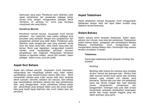 kelancaran yang betul. Penekanan perlu diberikan pada       Aspek Tatabahasa
      aspek pemahaman dan penaakulan pelbagai bahan
      secara kritis dengan menggunakan pelbagai teknik
                                                                  Aspek tatabahasa merujuk keupayaan murid menggunakan
      membaca. Di samping itu, murid juga berupaya
                                                                  tatabahasa dengan betul dan tepat dalam konteks yang
      menghayati teks yang dibaca.
                                                                  diajarkan secara terancang.
      Kemahiran Menulis

      Kemahiran menulis merujuk keupayaan murid menulis           Sistem Bahasa
      perkataan dan melahirkan idea melalui pelbagai jenis
      penulisan yang berkaitan dengan ilmu pengetahuan dan        Sistem bahasa terdiri daripada tatabahasa, sistem ejaan,
      pengalaman peribadi yang telah dilalui. Penekanan perlu     sebutan dan intonasi, kosa kata dan peribahasa. Pelaksanaan
      diberikan pada penggunaan ayat yang gramatis, tanda         sistem bahasa dalam pengajaran dan pembelajaran Bahasa
      baca dan ejaan yang betul, serta tulisan yang jelas dan     Malaysia     membolehkan      murid    menggunakan      dan
      kemas. Murid juga digalakkan menggunakan kreativiti         mengamalkan bahasa Melayu baku. Penerangan bagi perkara
      mereka untuk menghasilkan penulisan berunsur                tersebut dinyatakan di bawah.
      pengetahuan dan imaginatif. Penguasaan kemahiran
      bahasa ini diperoleh melalui situasi dan konteks dalam            Tatabahasa
      pelbagai bahan prosa, puisi dan grafik.
                                                                        Kandungan tatabahasa terdiri daripada morfologi dan
                                                                        sintaksis.
Aspek Seni Bahasa                                                            Morfologi
Aspek seni bahasa merujuk keupayaan murid memahami,                          Morfologi ialah bidang ilmu bahasa yang mengkaji
mengungkap dan menghargai bahasa yang indah melalui                          struktur, bentuk dan golongan kata. Struktur kata
pembelajaran yang menyeronokkan secara didik hibur. Murid                    ialah susunan bentuk bunyi ujaran atau lambang
memperoleh bahasa yang indah secara didik hibur daripada                     (tulisan) yang menjadi unit bahasa yang
teknik nyanyian, bercerita, berlakon dan berpuisi. Seni bahasa               bermakna. Bentuk kata pula ialah unit tatabahasa
juga menampakkan keindahan bahasa dari segi pembentukan                      sama ada bentuk tunggal atau hasil daripada
ayat yang menggunakan simile, peribahasa, bahasa kiasan                      proses      pengimbuhan,     pemajmukan      dan
dan personifikasi yang terdapat dalam puisi dan prosa kreatif.               penggandaan. Golongan kata pula ialah proses
Idea yang kreatif dapat dilahirkan oleh murid melalui lisan dan              menjeniskan perkataan berdasarkan keserupaan
penulisan.                                                                   bentuk atau fungsi dengan anggota yang lain
                                                                             dalam golongan yang sama.


                                                                  5
 