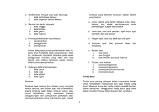 a. Struktur kata merujuk pola suku kata bagi:                    sintaksis yang diberikan tumpuan adalah seperti
   i.    kata asli bahasa Melayu                                 yang berikut:
   ii.   kata pinjaman bahasa Melayu
                                                                a. Unsur utama yang terdiri daripada kata, frasa,
b. Bentuk kata terdiri daripada:                                   klausa, dan aspek pembinaannya serta
      i. kata tunggal                                              pembahagian subjek dan predikat.
    ii. kata terbitan
   iii.  kata ganda                                             b. Jenis ayat, iaitu ayat penyata, ayat tanya, ayat
   iv. kata majmuk                                                 perintah, dan ayat seruan

c. Proses pembentukan kata meliputi:                            c. Ragam ayat, iaitu ayat aktif dan ayat pasif
     i. pengimbuhan
    ii. penggandaan                                             d. Susunan ayat,      iaitu   susunan   biasa    dan
   iii. pemajmukan                                                 songsang

   Antara ketiga-tiga proses pembentukan kata ini,              e. Binaan ayat;
   yang amat kompleks ialah pengimbuhan. Oleh                        i.   ayat dasar
   itu, penekanan hendaklah diberikan pada aspek                    ii.   ayat tunggal
   penggunaan imbuhan yang betul dari segi                         iii.   ayat terbitan atau ayat majmuk
   bentuk dan makna termasuk aspek baharu
   dalam proses pengimbuhan.                                    f.   Proses ayat terbitan:
                                                                       i.  proses penggantian
d. Golongan kata terdiri daripada:                                    ii.  proses pengguguran
     i. kata nama                                                    iii.  proses penyusunan semula
    ii. kata kerja                                                   iv.   proses peluasan.
   iii. kata adjektif
   iv.  kata tugas                                         Tanda Baca

Sintaksis                                                  Tanda baca penting dikuasai dalam komunikasi tulisan
                                                           untuk memastikan keselarasan dan juga makna yang
Sintaksis ialah bidang ilmu bahasa yang mengkaji           tepat. Misalnya, koma dan tanda noktah mewakili hentian
bentuk, struktur, dan binaan ayat. Hal ini bermakna,       dalam pertuturan. Penggunaan tanda baca yang betul
bidang sintaksis ialah kajian tentang hukum atau           dapat mewakili intonasi dalam bacaan dan penulisan.
rumus tatabahasa yang mendasari kaedah
penggabungan dan penyusunan perkataan atau
kelompok perkataan untuk membentuk ayat. Aspek
                                                       6
 